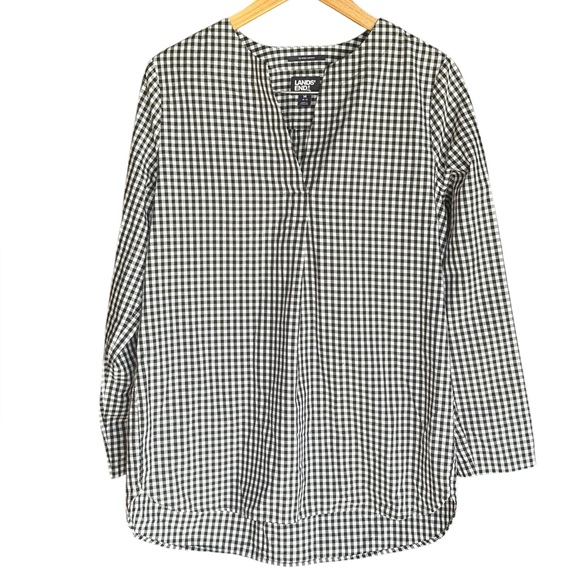 Lands End 100% cotton 3/4 Sleeve Blouse Black & White Checked Medium - Picture 2 of 6